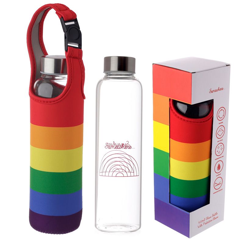 Borraccia in vetro con fodera in neoprene Puckator- Somewhere Rainbow,  borraccia ecologica