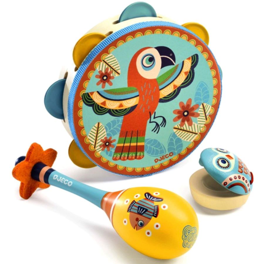 Gioco musicale in legno Djeco- Animambo - Set di 3 strumenti, Tamburello, maracas  e nacchere