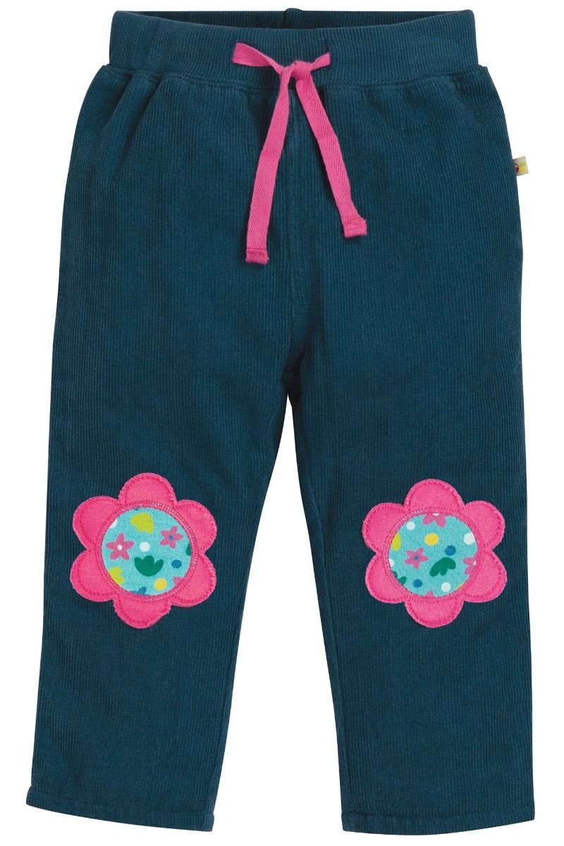 Pantaloni da bambina Frugi – Little Cord Patch Trousers Space Blue/Flower,  pantaloni da bambina