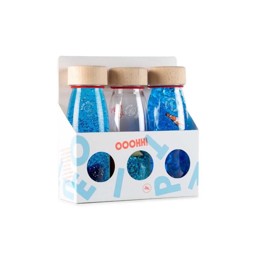 Bottiglie sensoriali Petit Boum in plastica riciclabile- Confezione da 3  Bottiglie, giochi prima infanzia