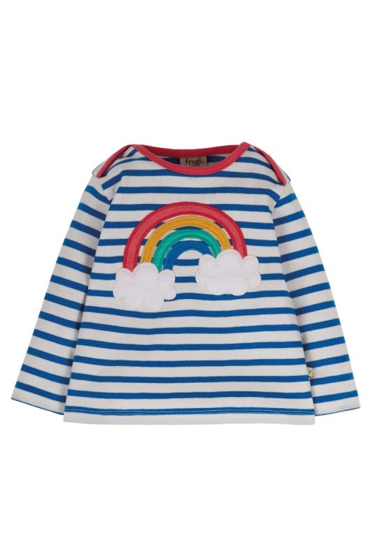 Maglietta per bambini in cotone biologico Frugi – Bobby cobalt stripe/rainbow