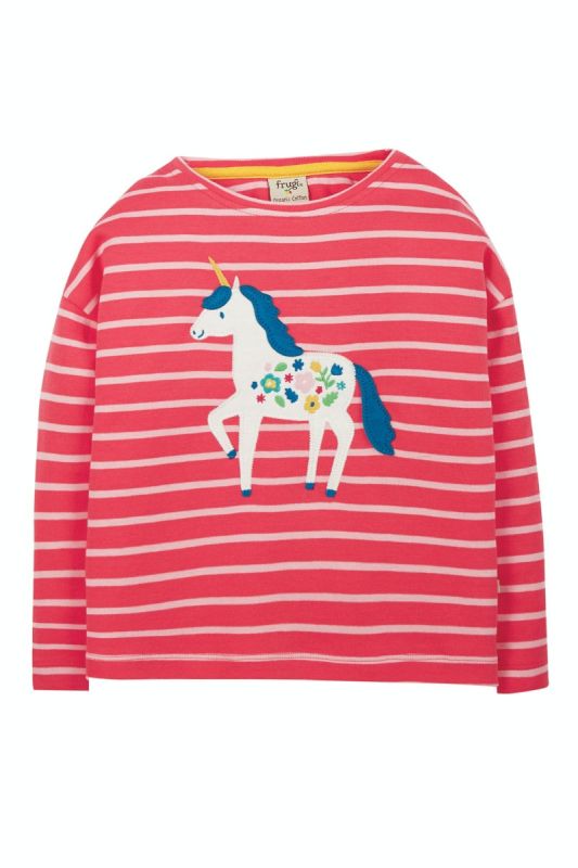 Maglietta per bambini in cotone biologico Frugi – Tori Boxy Watermelon Stripe/Unicorn