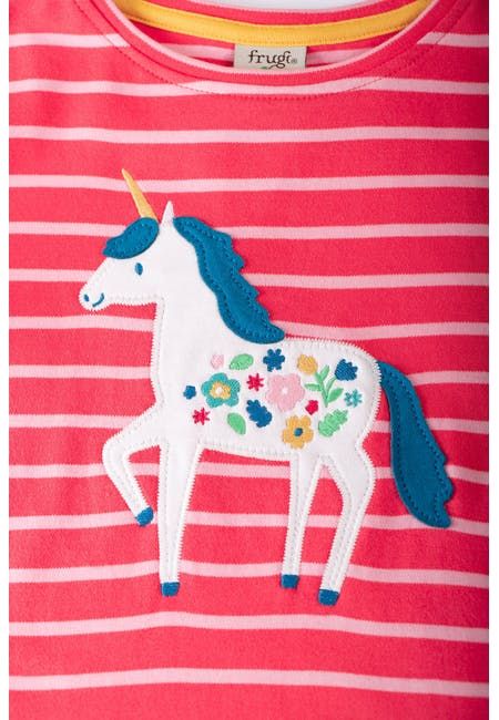 Maglietta per bambini in cotone biologico Frugi – Tori Boxy Watermelon Stripe/Unicorn