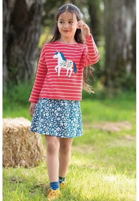 Maglietta per bambini in cotone biologico Frugi – Tori Boxy Watermelon Stripe/Unicorn