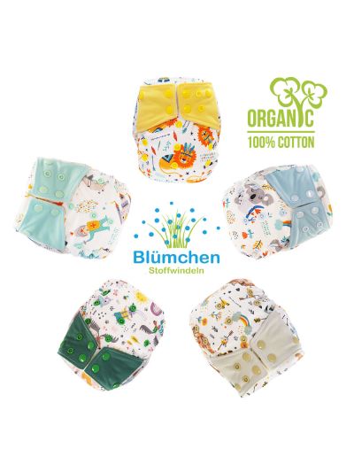 Pannolino lavabile Blümchen - All in one in Cotone Biologico con bottoni in vari colori