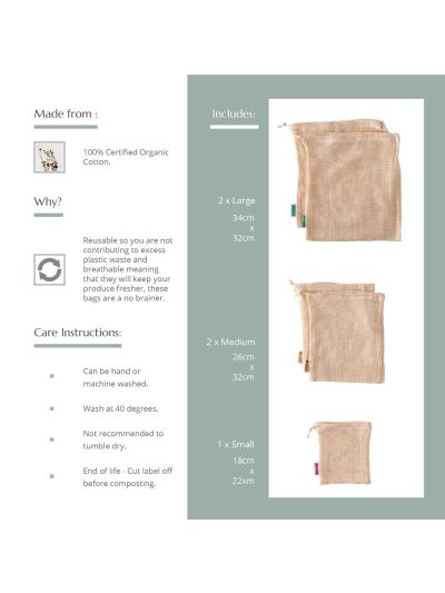 Prodotto per la casa Wild & Stone - Sacchetti per alimenti riutilizzabili in rete di cotone biologico (confezione da 5 pezzi)