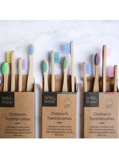 Spazzolino da denti in bambù Wild & Stone per bambini - Confezione da 4 pezzi in vari colori