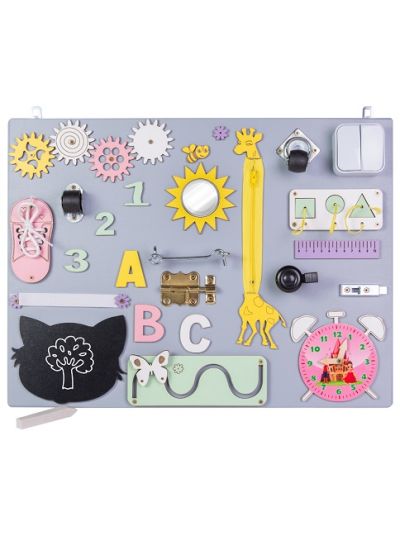 Gioco in legno 3Toys- Pannello montessoriano con 17 attività in vari colori