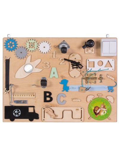 Gioco in legno 3Toys- Pannello montessoriano con 17 attività in vari colori