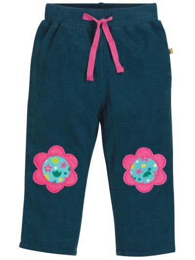Pantaloni da bambina Frugi – Little Cord Patch Trousers Space Blue/Flower