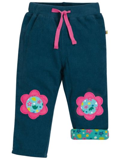 Pantaloni da bambina Frugi – Little Cord Patch Trousers Space Blue/Flower