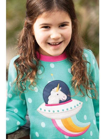 Vestito da bambina Frugi – Eloise Jumper Dress Topaz Blue Polka/Unicorn
