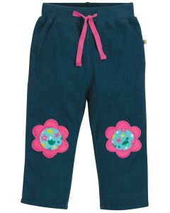 Pantaloni da bambina Frugi – Little Cord Patch Trousers Space Blue/Flower