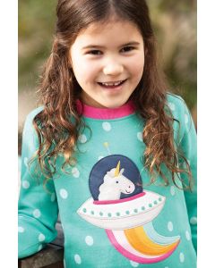 Vestito da bambina Frugi – Eloise Jumper Dress Topaz Blue Polka/Unicorn