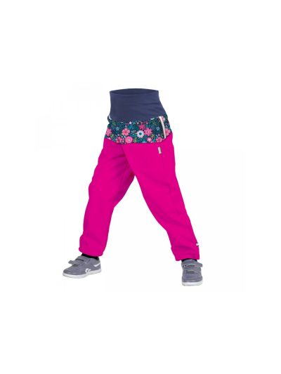 Pantalone da bambino in softshell impermabile Unuo- Rosa con fiorellini, senza rivestimento in pile