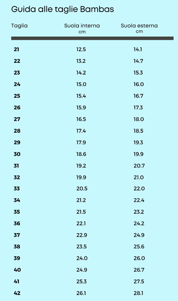 Tabella misure bambas cinta 